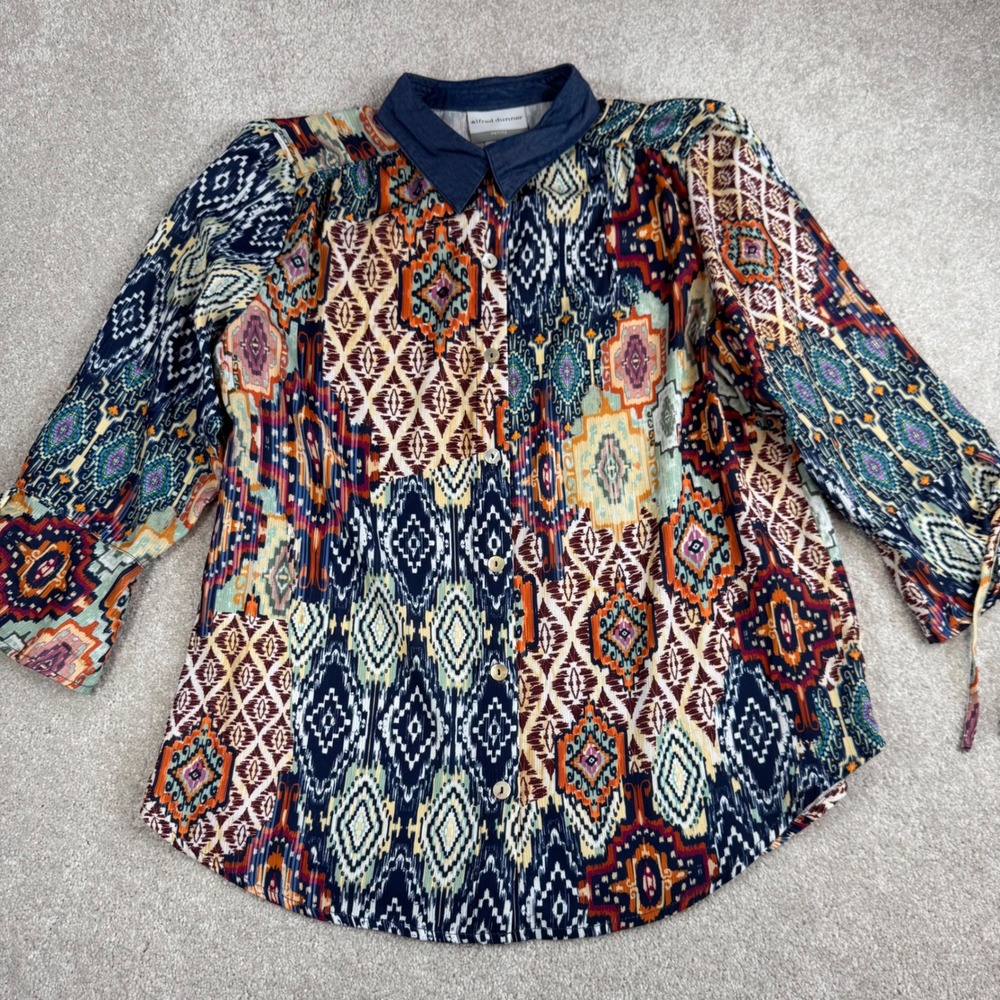 Alfred Dunner Petite PM Button Front Blouse Ikat Patchwork 3/4 Tie Sleeve Top